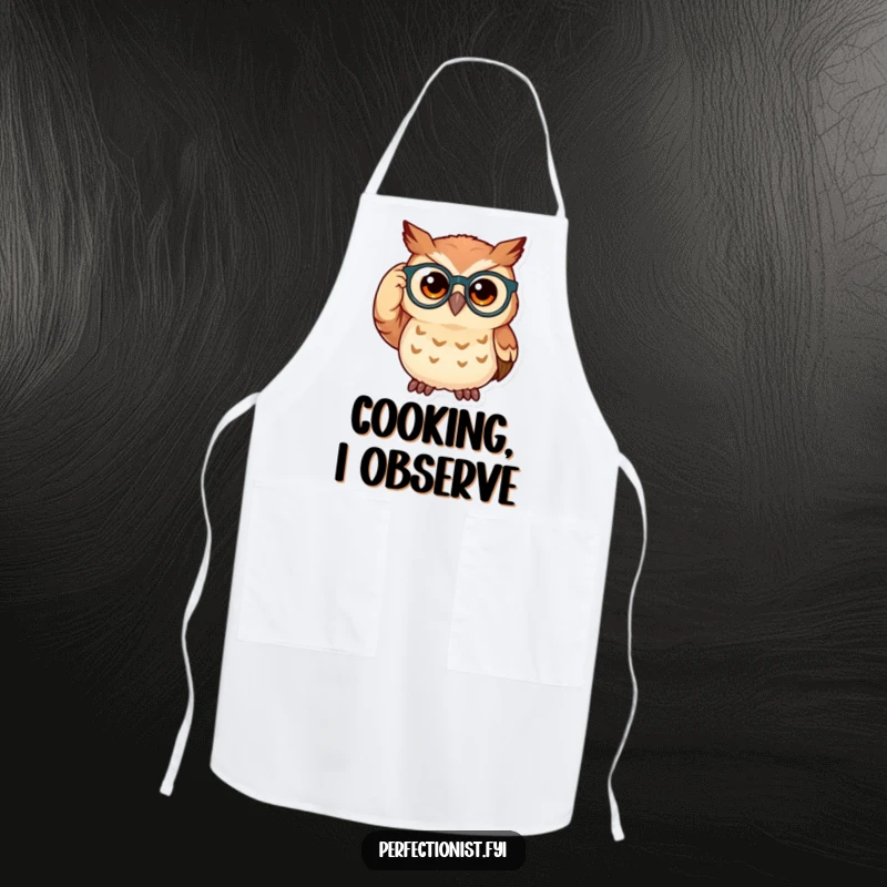 Funny owl apron with a curious owl adjusting its spectacles, designed for culinary adventures with a smart, humorous touch.