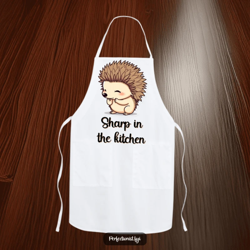 Funny hedgehog character precisely grooming its spines on an apron, a humorous kitchen accessory for neat cooks and a great funny gift.