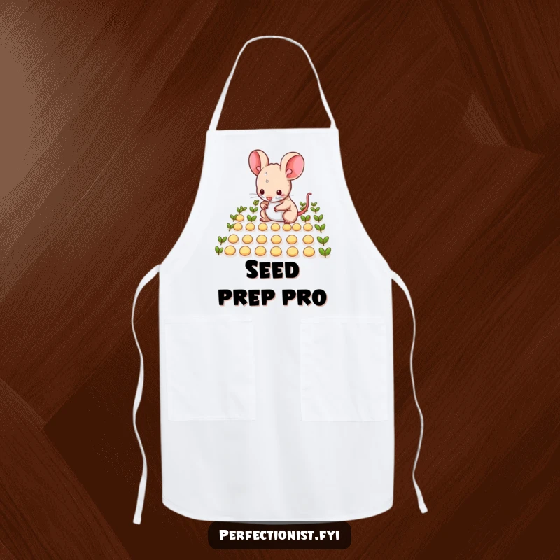 Funny mouse character precisely arranging tiny seeds in neat rows on an apron, a humorous kitchen accessory for tidy cooks and a funny gift.