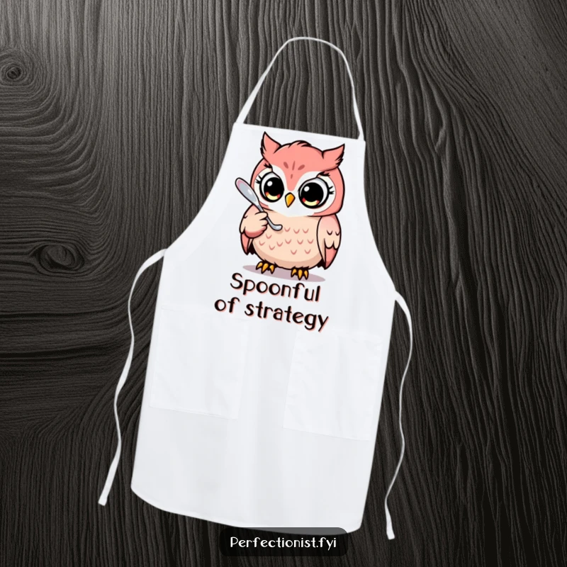 Funny apron showcasing a focused owl character, meticulously polishing a gleaming spoon, adding humor to kitchen activities.