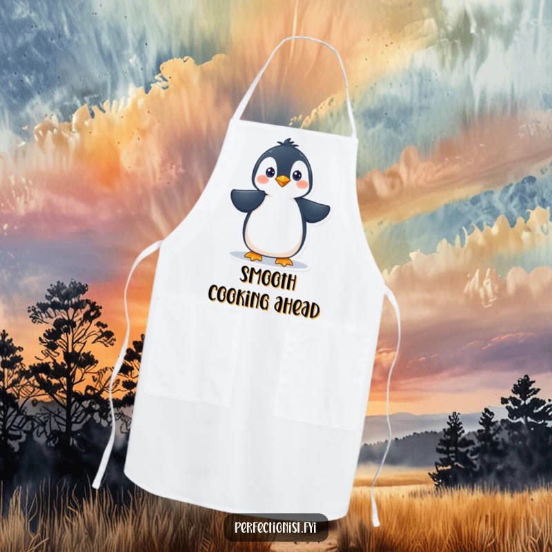Funny penguin character precisely smoothing its feathers on an apron, a humorous kitchen accessory for polished cooks and a funny gift.