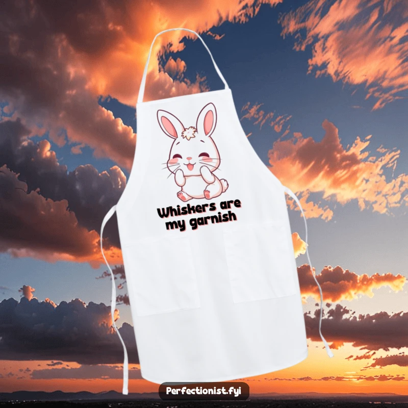 Funny rabbit apron showing a cute character meticulously grooming its whiskers, ideal for kitchen fun and keeping clothes clean.
