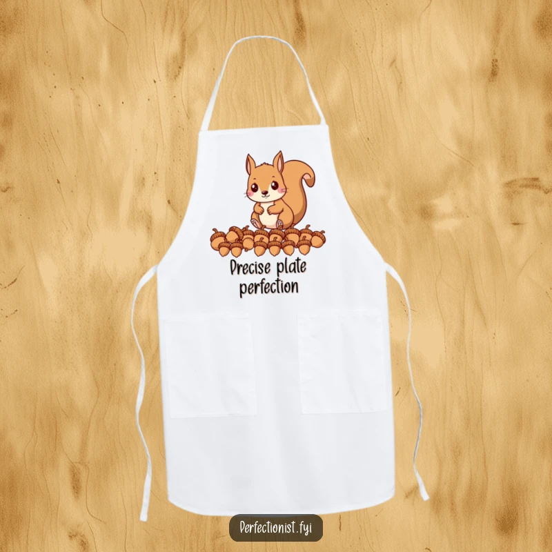 Funny apron showcasing a precise squirrel character, lining up acorns in a perfect row, adding humor to kitchen activities.