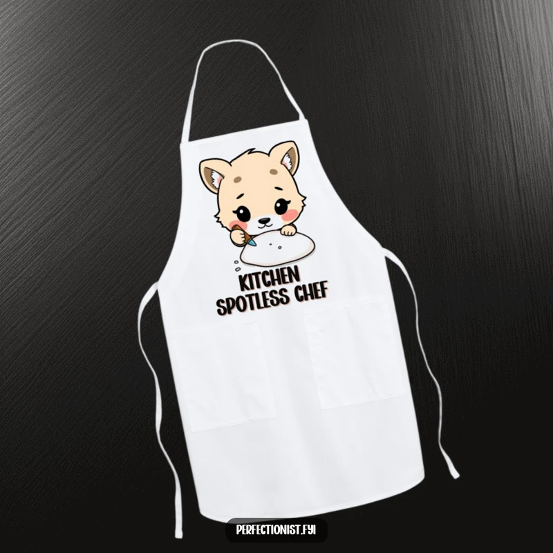 Funny apron with a cute animal character focused on meticulously cleaning a tiny speck of dust, ideal for kitchen tidiness.