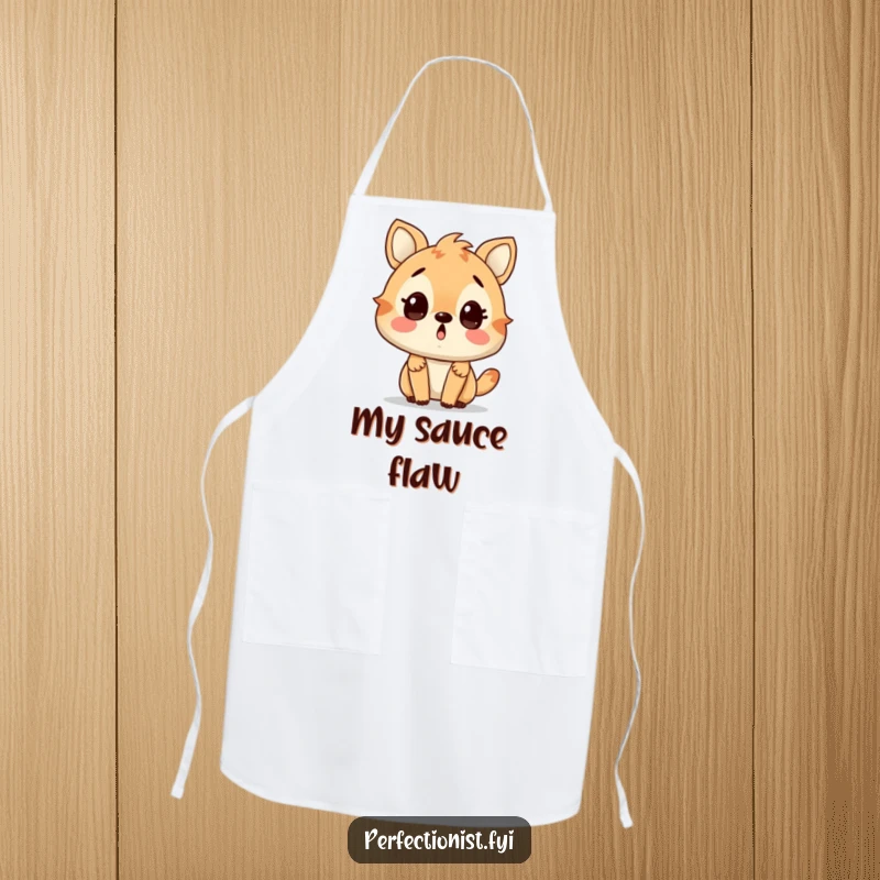 Funny apron showing a surprised animal character discovering a tiny flaw, perfect for kitchen fun. A delightful funny gift.