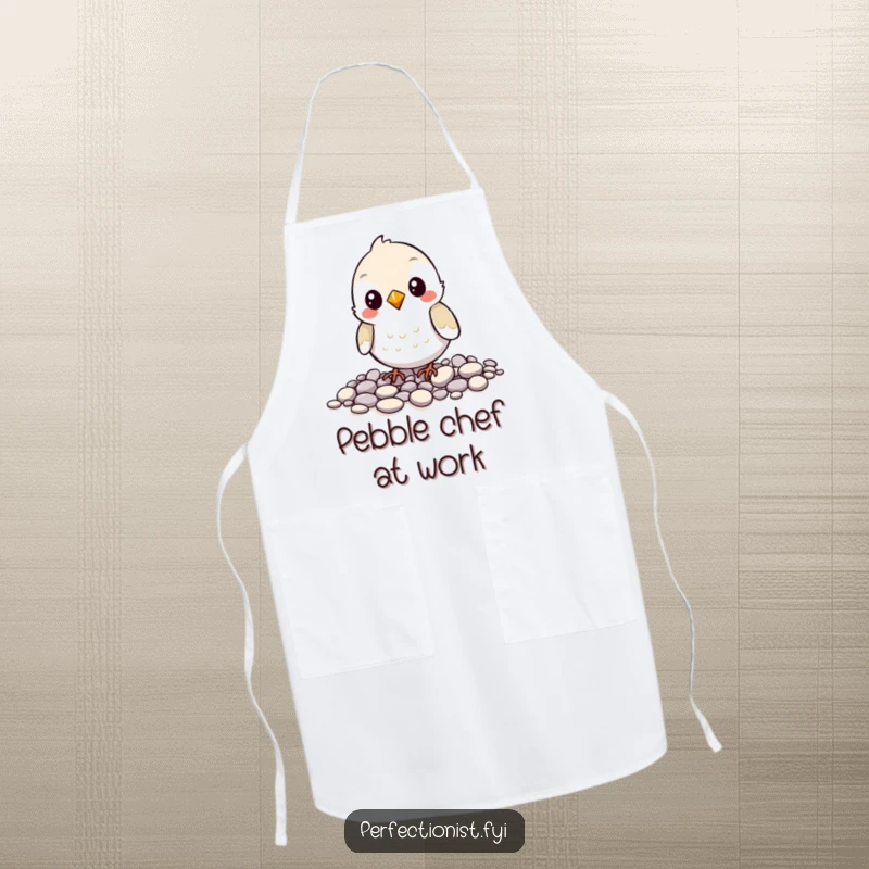 Funny apron with a chef bird character carefully aligning pebbles, showcasing its precise cooking style and a humorous love for order.