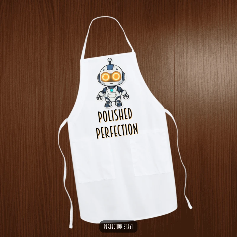 Funny Kawaii robot apron, a cute robot with bright eyes cleaning a surface, perfect for a spotless kitchen.