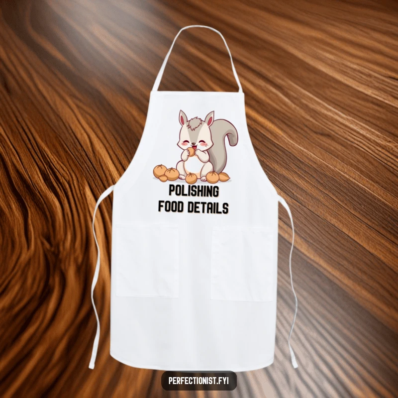 Funny apron showing a cheerful squirrel buffing nuts to a high shine, a humorous kitchen accessory for the detail-oriented cook.