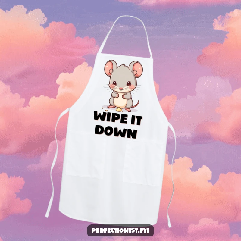Funny Kawaii mouse character on an apron, humorously dusting a tiny speck of dirt, ready for kitchen duties with immaculate style.