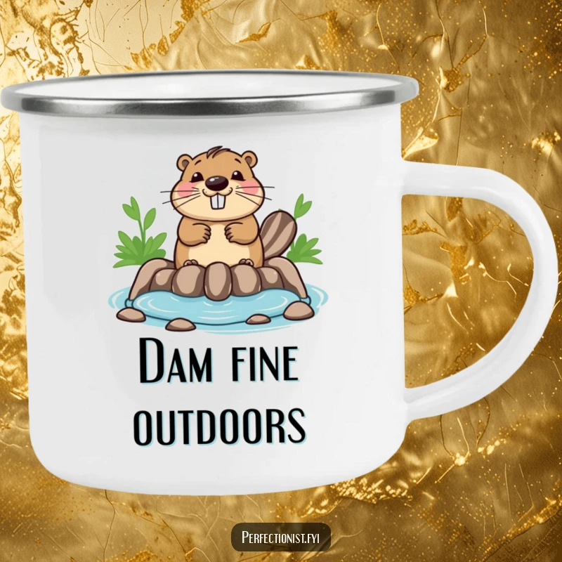 Funny beaver camping mug with a happy beaver ensuring its dam is perfectly symmetrical, perfect for enjoying nature with an organized touch.