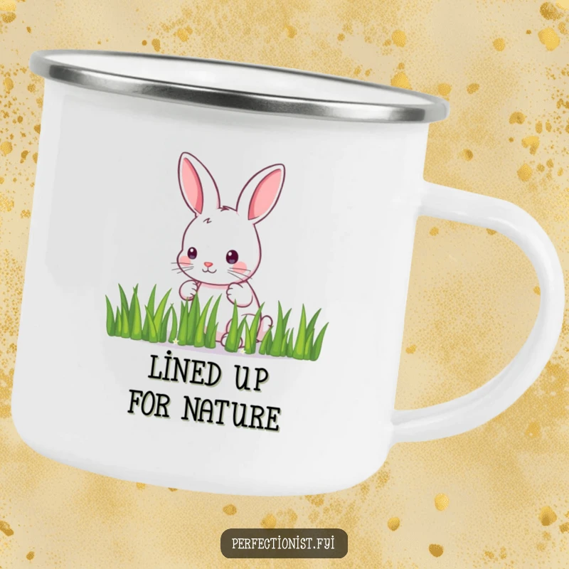 Funny Camping Mug: A meticulous bunny carefully arranges grass in a straight line, a humorous and durable design for outdoor enthusiasts.