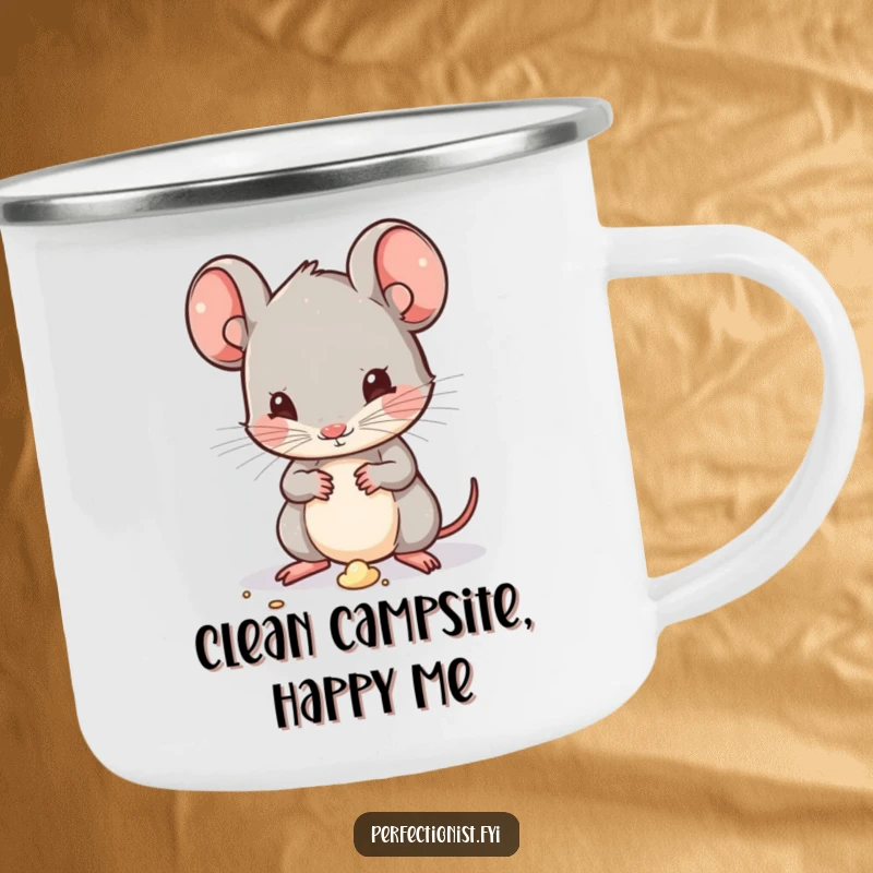 Funny Kawaii mouse character on a camping mug, humorously dusting a speck of dirt, ready for outdoor fun with impeccable cleanliness.