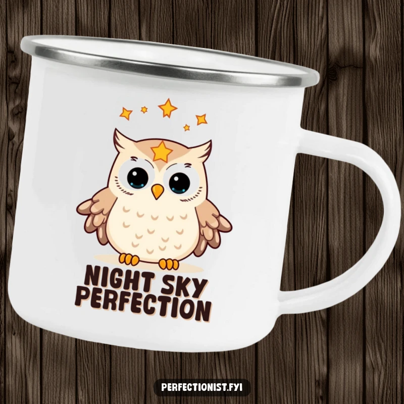Funny camping mug featuring an owl meticulously aligning stars in its gaze, perfect for outdoor enthusiasts who appreciate celestial beauty and humor.