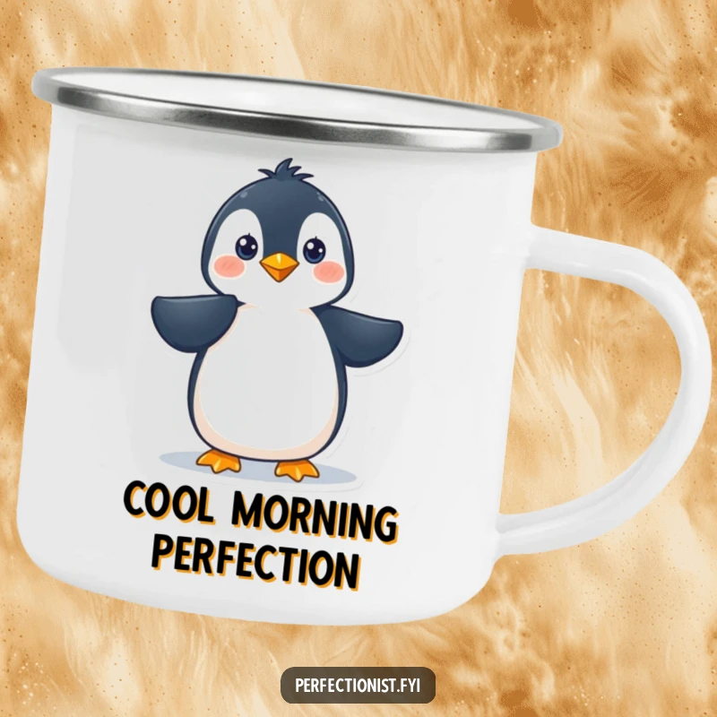 Funny penguin character precisely smoothing its feathers on a camping mug, celebrating polished outdoor fun with a humorous touch, a funny gift.