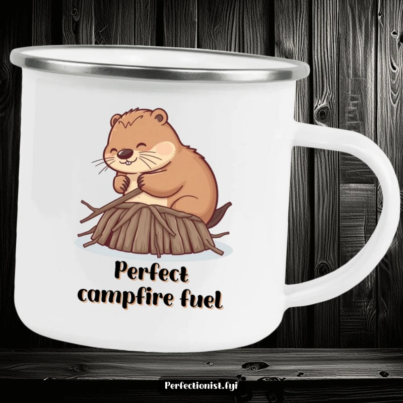 Funny camping mug featuring a beaver meticulously smoothing dam twigs, perfect for outdoor enthusiasts who appreciate precision and a good laugh.