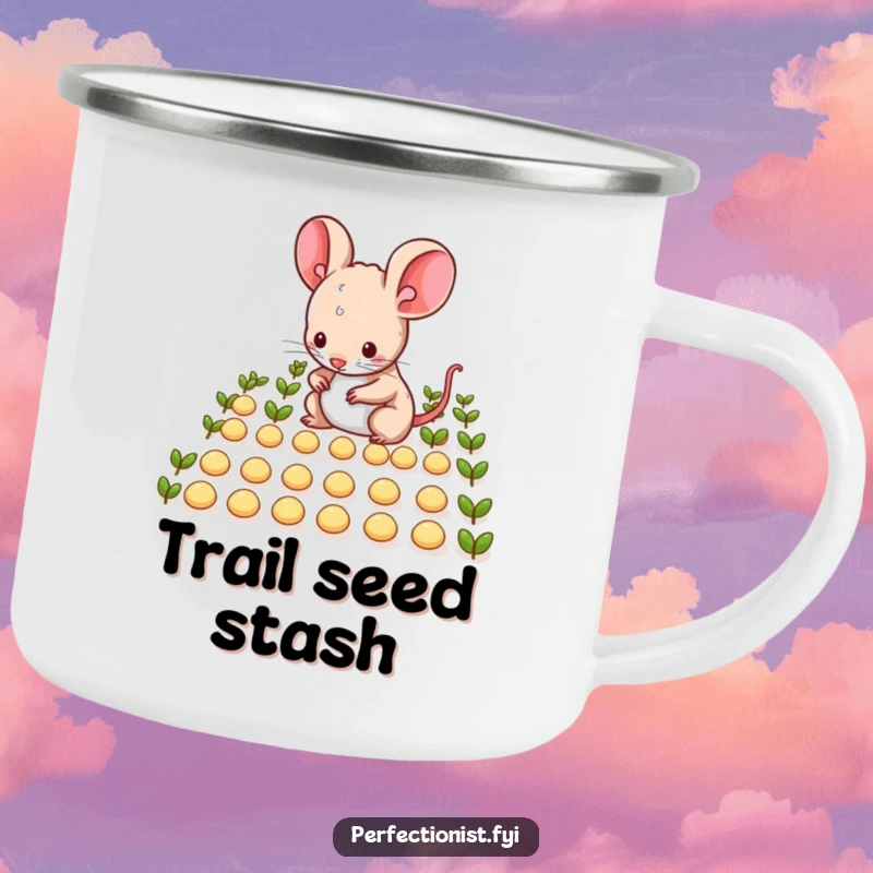 Funny mouse character precisely arranging tiny seeds in neat rows on a camping mug, celebrating tidy outdoor fun with a humorous touch, a funny gift.