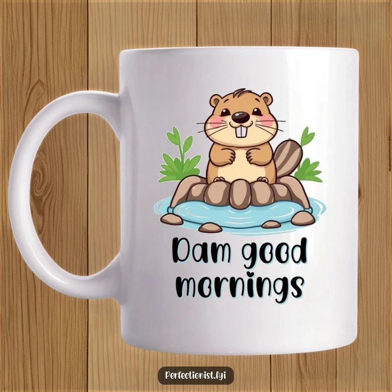 Funny beaver mug showcasing a cheerful beaver bouncing with joy while ensuring its dam is perfectly symmetrical.