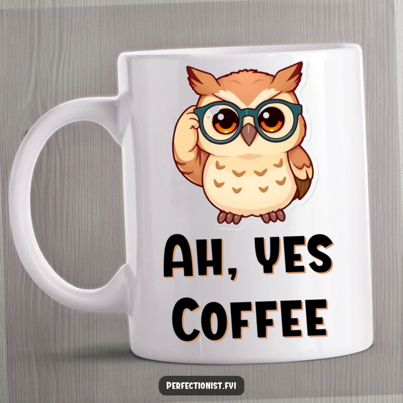Funny owl mug with a wise owl character adjusting its spectacles, peering intently for a clearer, humorous perspective.