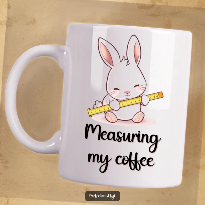 Funny mug featuring a focused rabbit using a tiny ruler to measure everything, a humorous depiction of precision and detail.