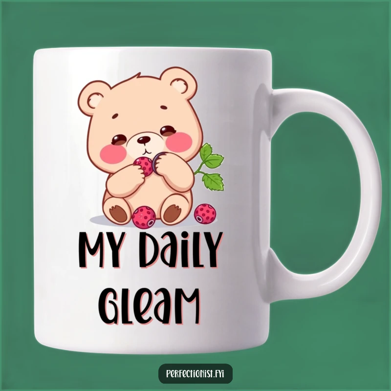 Funny Bear Berry Mug: Focused bear polishes berry, a perfect funny gift for detail lovers.