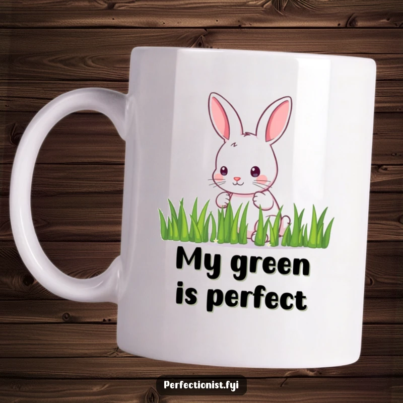 Funny Mug: A meticulous bunny carefully aligns individual blades of grass in a perfectly straight line, a humorous depiction of extreme tidiness.