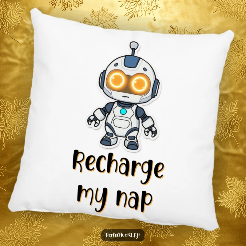 Funny Kawaii robot pillow, a cute robot with glowing eyes cleaning a surface, bringing a sense of order.