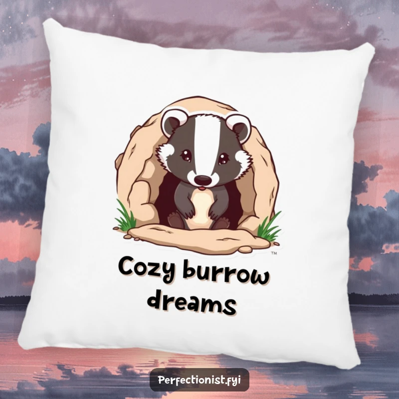 Funny badger character meticulously ensuring its burrow entrance is flawless on a pillow, providing decorative humor and comfort as a funny gift.