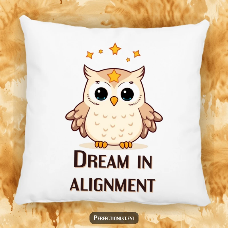 Funny pillow featuring an owl meticulously aligning stars in its gaze, designed for comfort and a touch of comical, celestial charm.