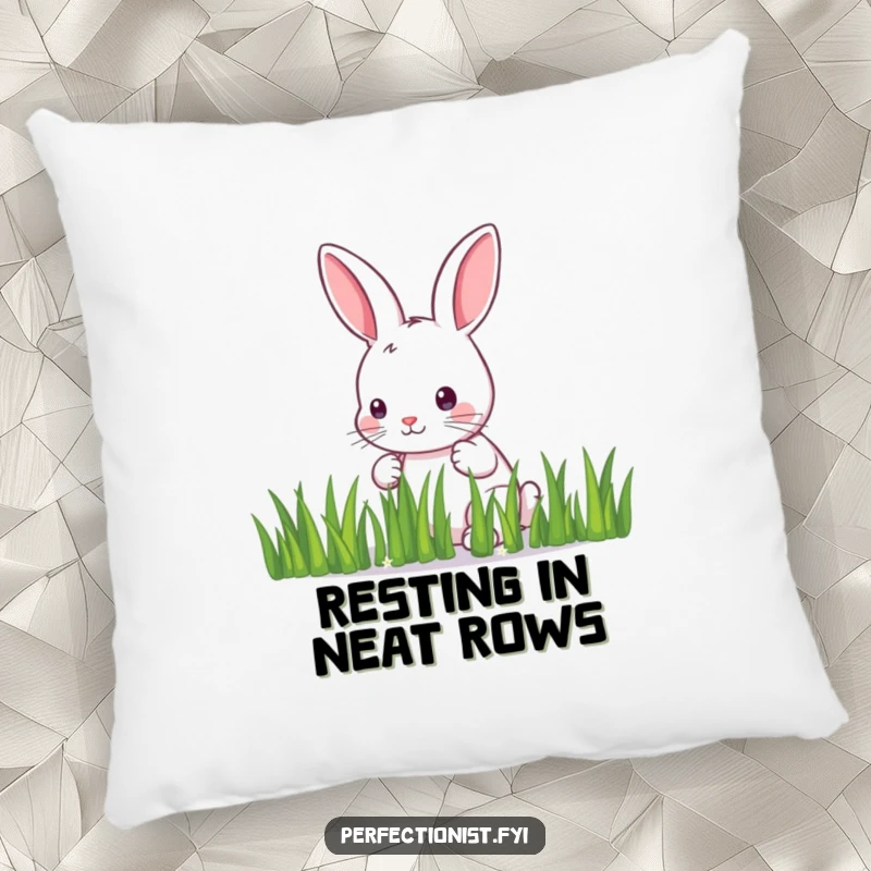 Funny Pillow: A meticulous bunny carefully arranges individual blades of grass in a straight line, creating a humorous and orderly decorative piece.