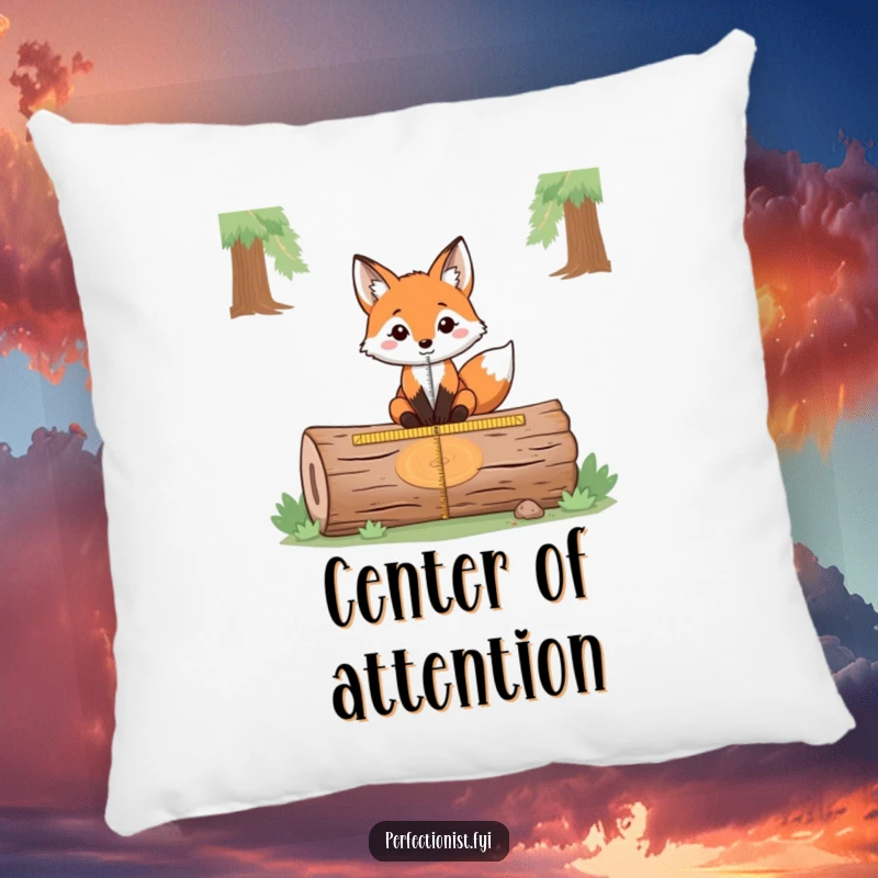 Funny pillow featuring a fox precisely measuring the exact center of a fallen log, designed for comfort and a touch of comical, analytical charm.