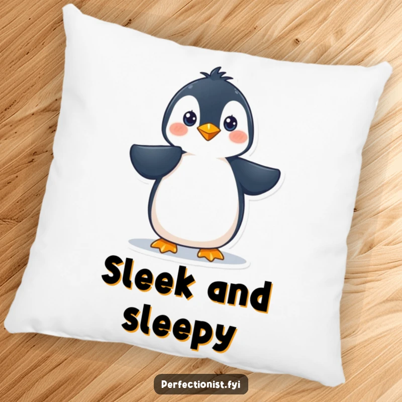 Funny penguin character meticulously smoothing its feathers on a pillow, providing decorative humor and comfort as a funny gift.