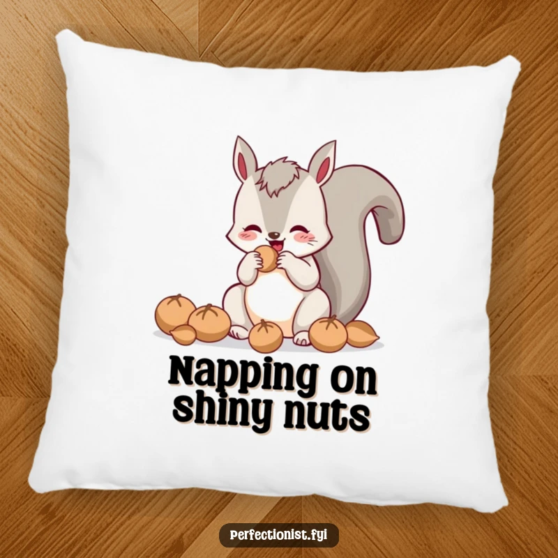 Funny pillow featuring a cheerful squirrel meticulously shining its nuts, a soft and humorous decorative item.