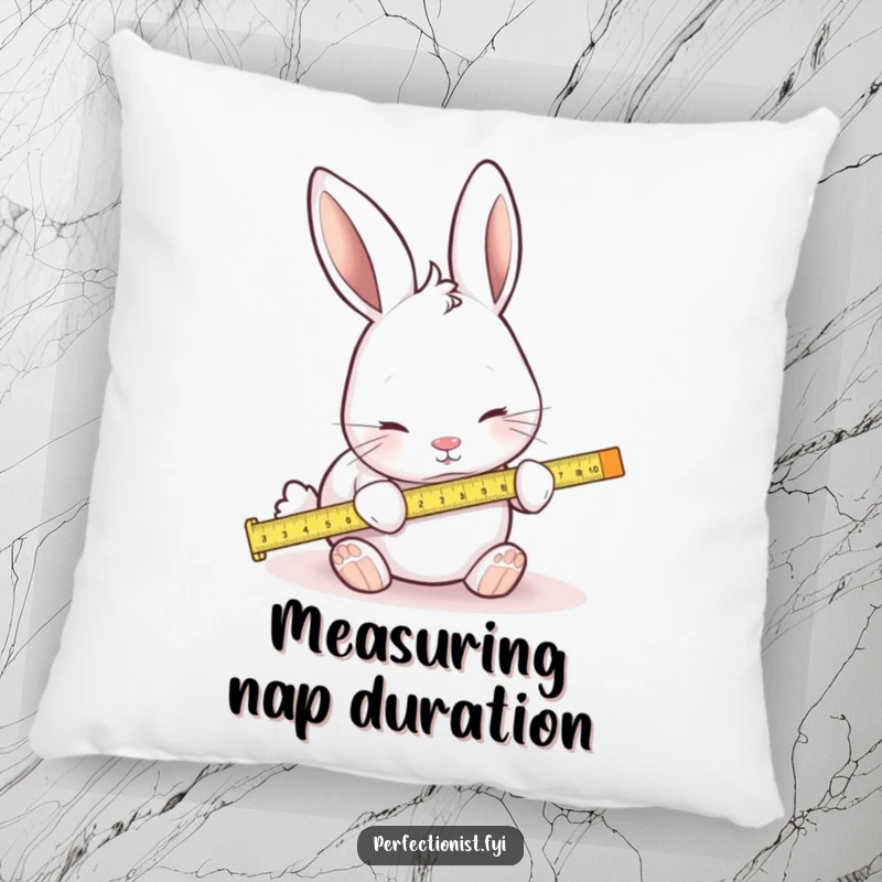 Funny pillow featuring a focused rabbit using a tiny ruler to measure, a soft and humorous decorative item.