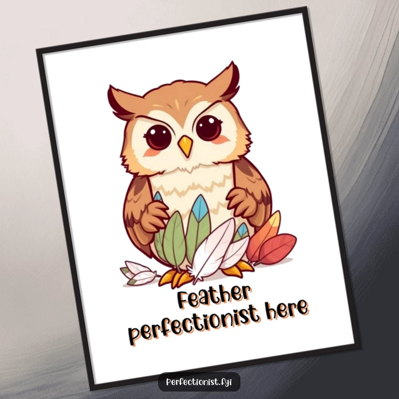 Funny owl character precisely sorting feathers by size in digital art, conveying organized humor and personality for home decor, a funny gift.