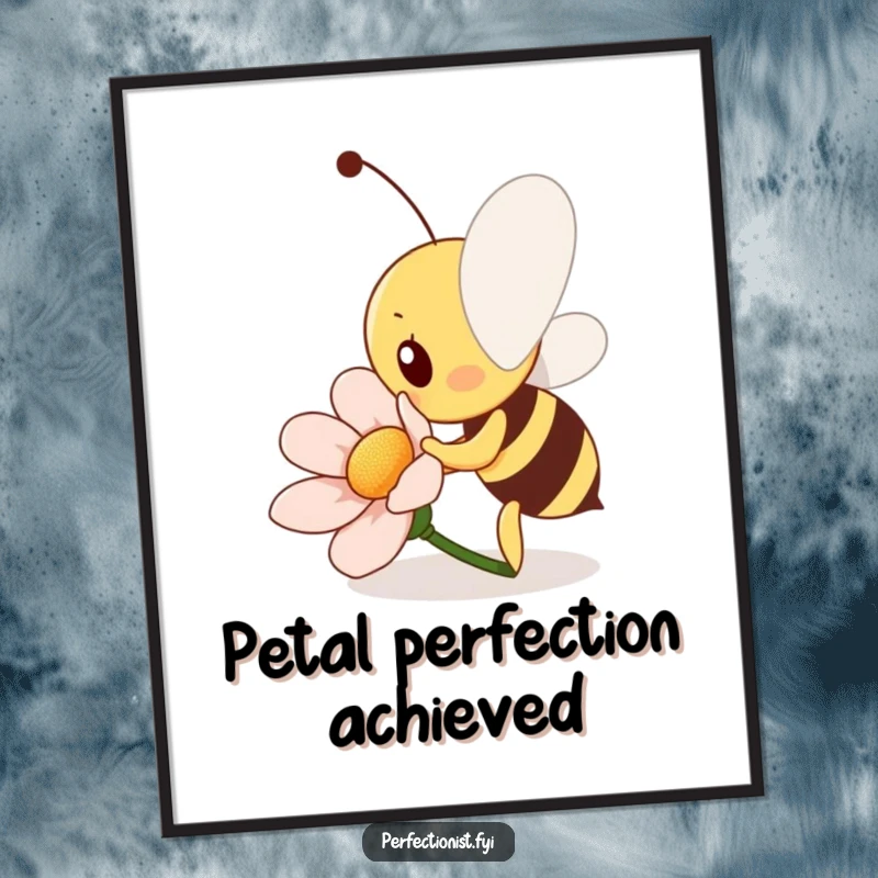 Funny Bee Digital Art: A diligent bee character is polishing a flower petal to a shine, symbolizing hard work and bright digital aesthetics.