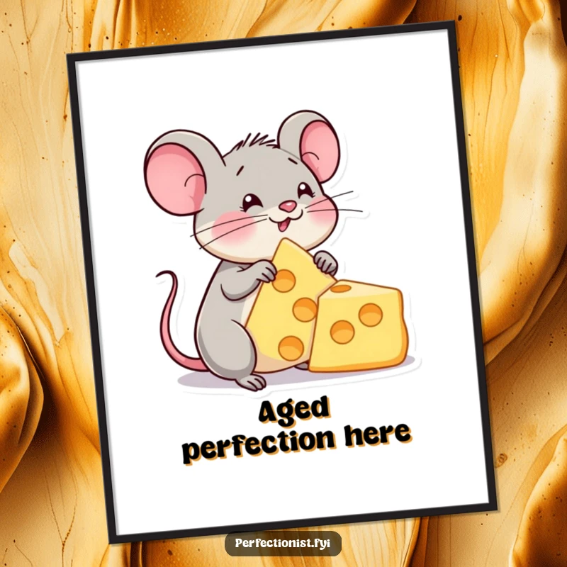 Funny digital art print of a content mouse character admiring a perfect cheese triangle, celebrating cheesy perfection with humorous artistry.