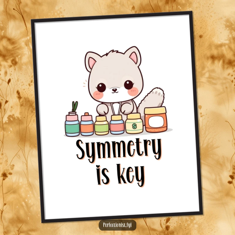 Funny Digital Art Print: An animal character obsessively aligns items perfectly, creating a humorous and visually pleasing piece of art.