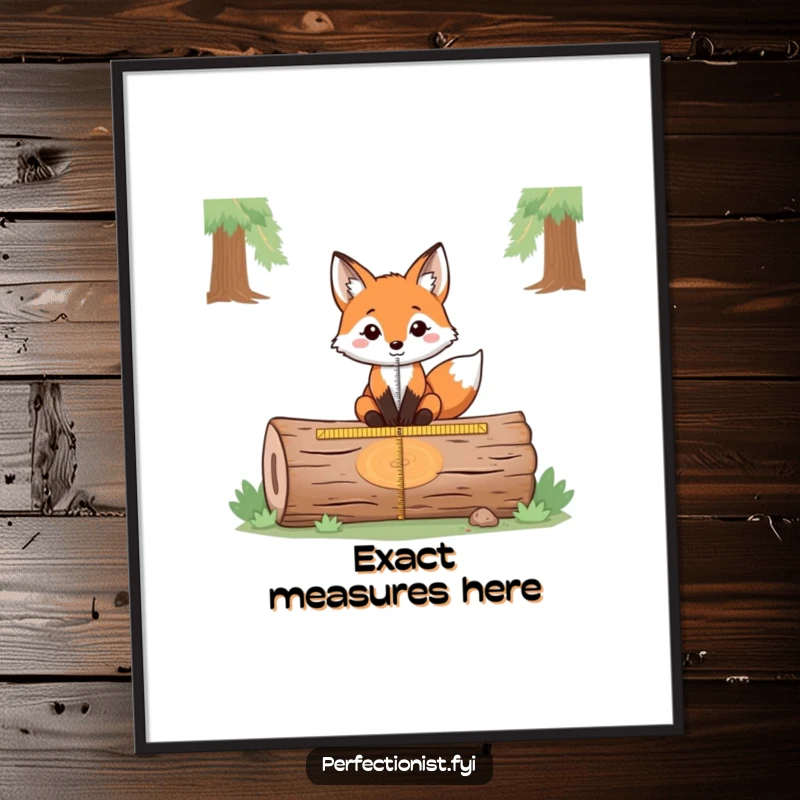 Funny digital art print of a fox precisely measuring the exact center of a fallen log, an artistic representation of comical accuracy and intelligence.