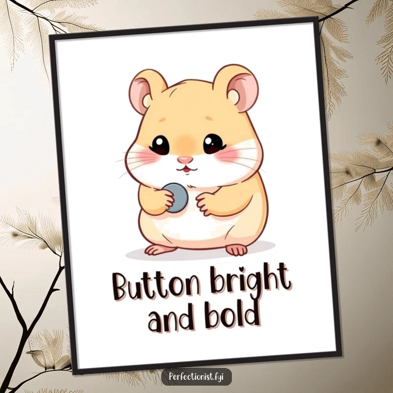 Funny hamster digital art print of a perfectionist hamster character meticulously polishing a single, tiny button, adding a touch of humorous shine to any space.