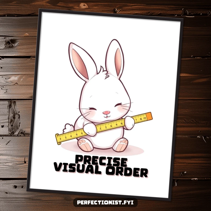 Funny digital art print of a focused rabbit using a tiny ruler to measure, a humorous and high-quality wall decoration.