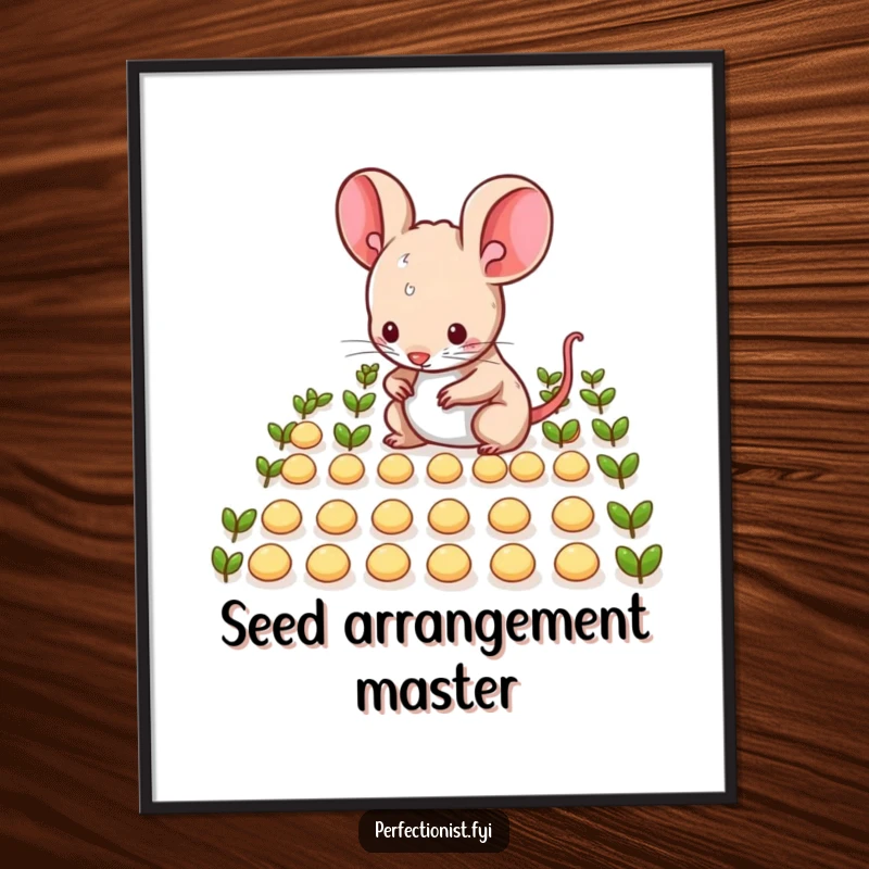 Funny mouse character precisely arranging tiny seeds in neat rows in digital art, conveying tidy humor and personality for home decor, a funny gift.