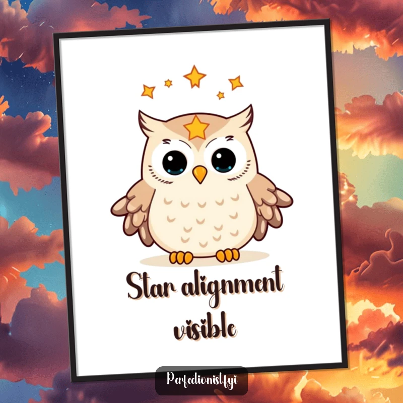 Funny digital art print of an owl meticulously aligning stars in its gaze, an artistic representation of comical cosmic order and celestial harmony.