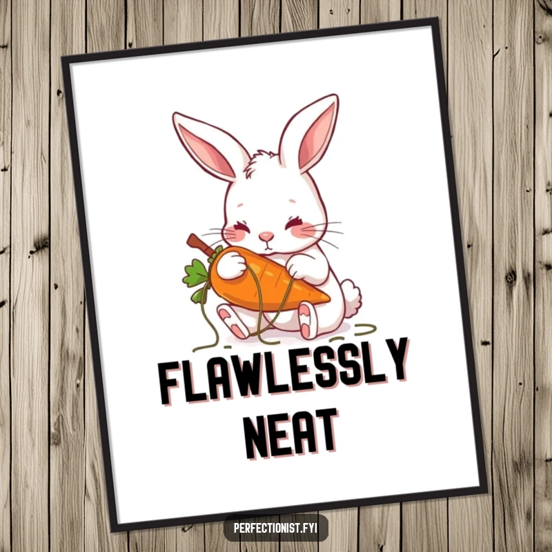 Funny digital art print of a rabbit meticulously plucking stray threads from a carrot, celebrating precision and neatness.