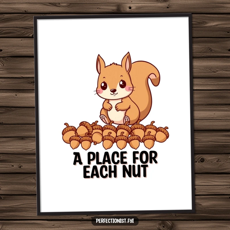 Funny digital art print of a precise squirrel character, flawlessly lining up acorns in a perfect row, ideal for humorous decor.