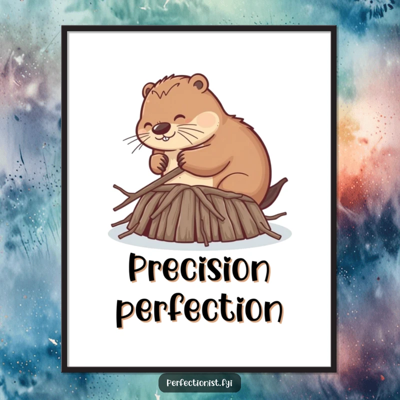 Funny digital art print of a beaver diligently smoothing dam twigs to uniform lengths, an artistic representation of comical perfectionism and craftsmanship.