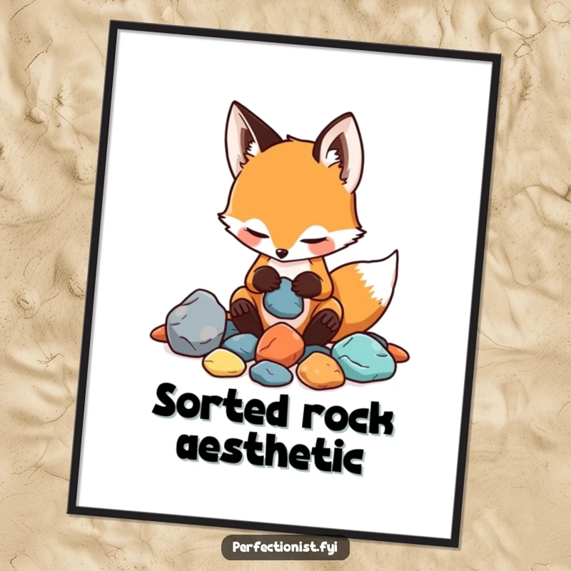 Funny digital art print of a playful fox meticulously sorting rocks by color and texture, a humorous and high-quality wall decoration.