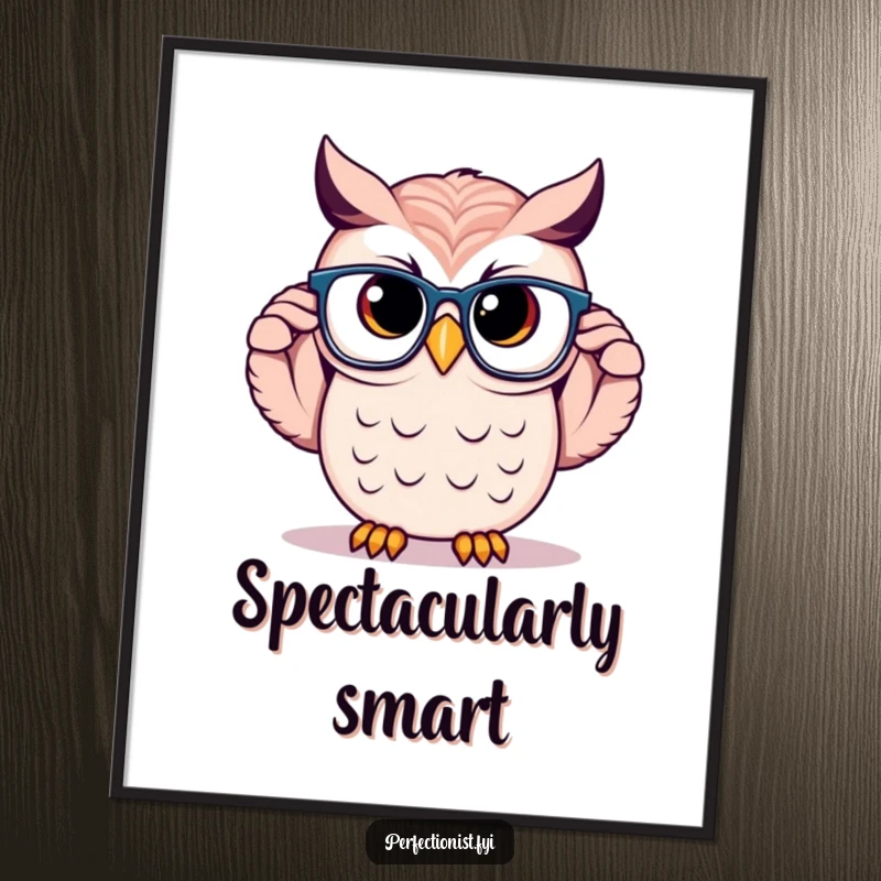 Funny Owl Digital Art: A proud owl character is adjusting perfectly symmetrical glasses, symbolizing intelligence and a sophisticated digital aesthetic.