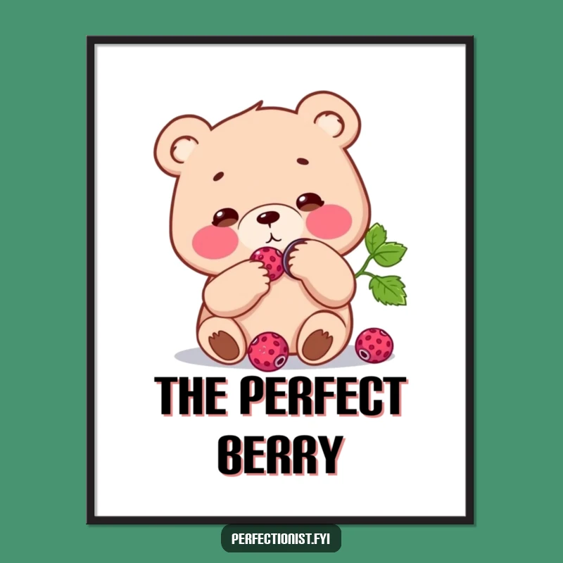 Funny Bear Berry Digital Art: Focused bear polishing a berry, a charming funny gift for wall decor.