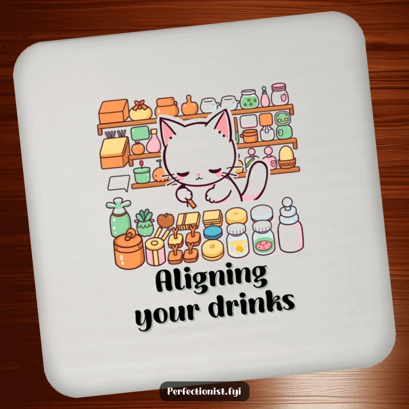 Funny Coasters: A cat arranges items perfectly, a humorous and protective addition to tables.