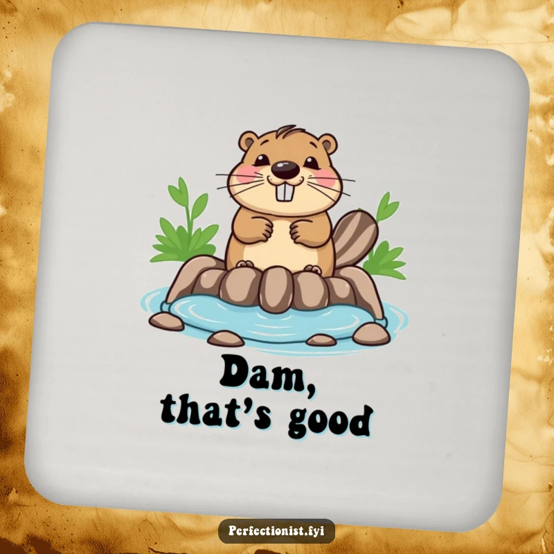 Funny beaver coaster featuring a happy beaver ensuring its dam is perfectly symmetrical, providing organized and humorous protection for any drink.